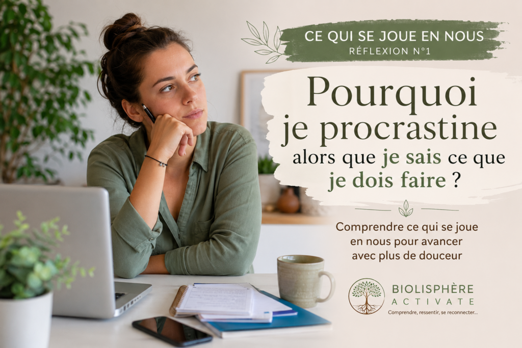 Aider le lecteur à porter un regard différent sur la procrastination. L'amener à comprendre que repousser une action ne traduit pas nécessairement un manque de volonté et peut parfois être lié à une émotion inconfortable, à une surcharge, à la peur de l'échec, au perfectionnisme ou à un besoin de sécurité. Inviter le lecteur à observer ce que son comportement réveille en lui, à identifier ce dont il pourrait avoir besoin pour se sentir suffisamment en sécurité et à expérimenter une régulation émotionnelle