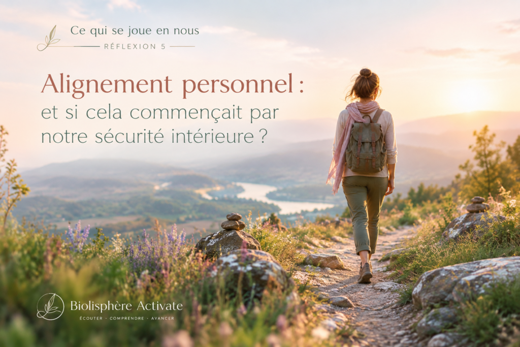 Femme avançant sur un chemin naturel, symbole de l’alignement personnel et des balises intérieures